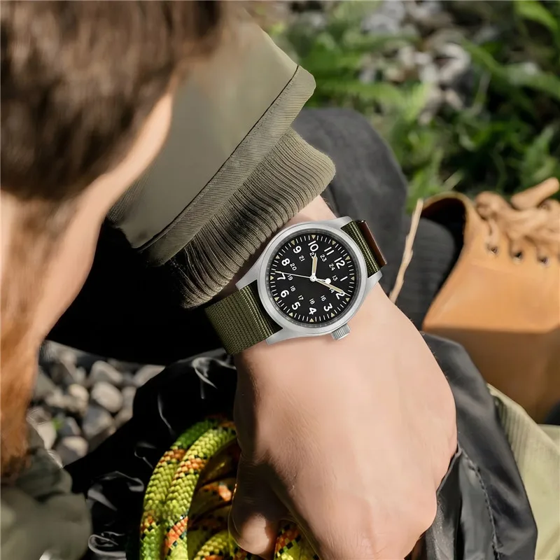 Black Khaki Army Genuine Leather and Nylon Weave Canvas Sport Watch Band Bracelet with Pin Buckle, 20mm or 22mm Strap Size
