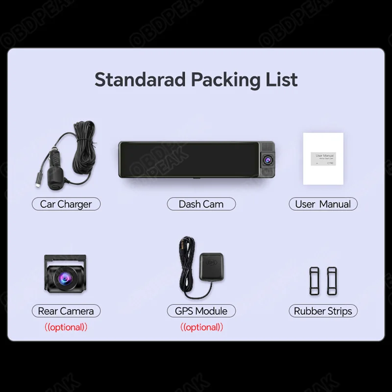 OBDPEAK 3 카메라 대시 캠, 4K 자동차 DVR, 전면, 내부, 후면, 1080P, GPS 추적, 야간 투시경 비디오 등록, 대시 캠 주차 모니터