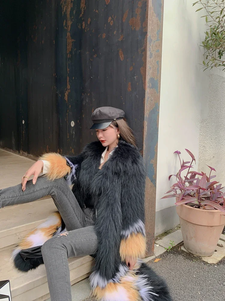 Fox Fur Raccoon Dog Fur Woven Jackets Medium Length Large Lapel Contrast Coat Women Knitted Thick Warm Fur Sexy Club Outerwear