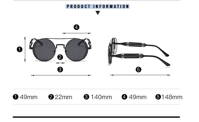 Metall Steampunk Sonnenbrille Frauen Männer Mode Runde Brille Marke Designer Vintage Sonnenbrille Hohe Qualität Oculos de sol – Detail 6