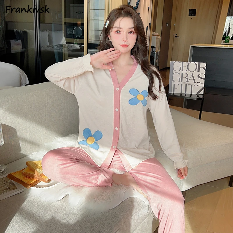 

Cozy Pajama Sets Women 2 Piece V-neck Korean Style Youthful Vitality Sweet Kawaii Single Breasted Long Sleeve Sleepwear Casual