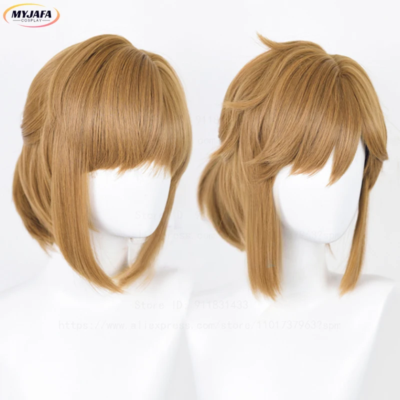 Hochwertige Breath of the Wild Link Cosplay-Perücke, kurz, goldbraun, Zopf, hitzebeständiges Haar, Anime-Spiel-Perücken + Perückenkappe – Detail 7