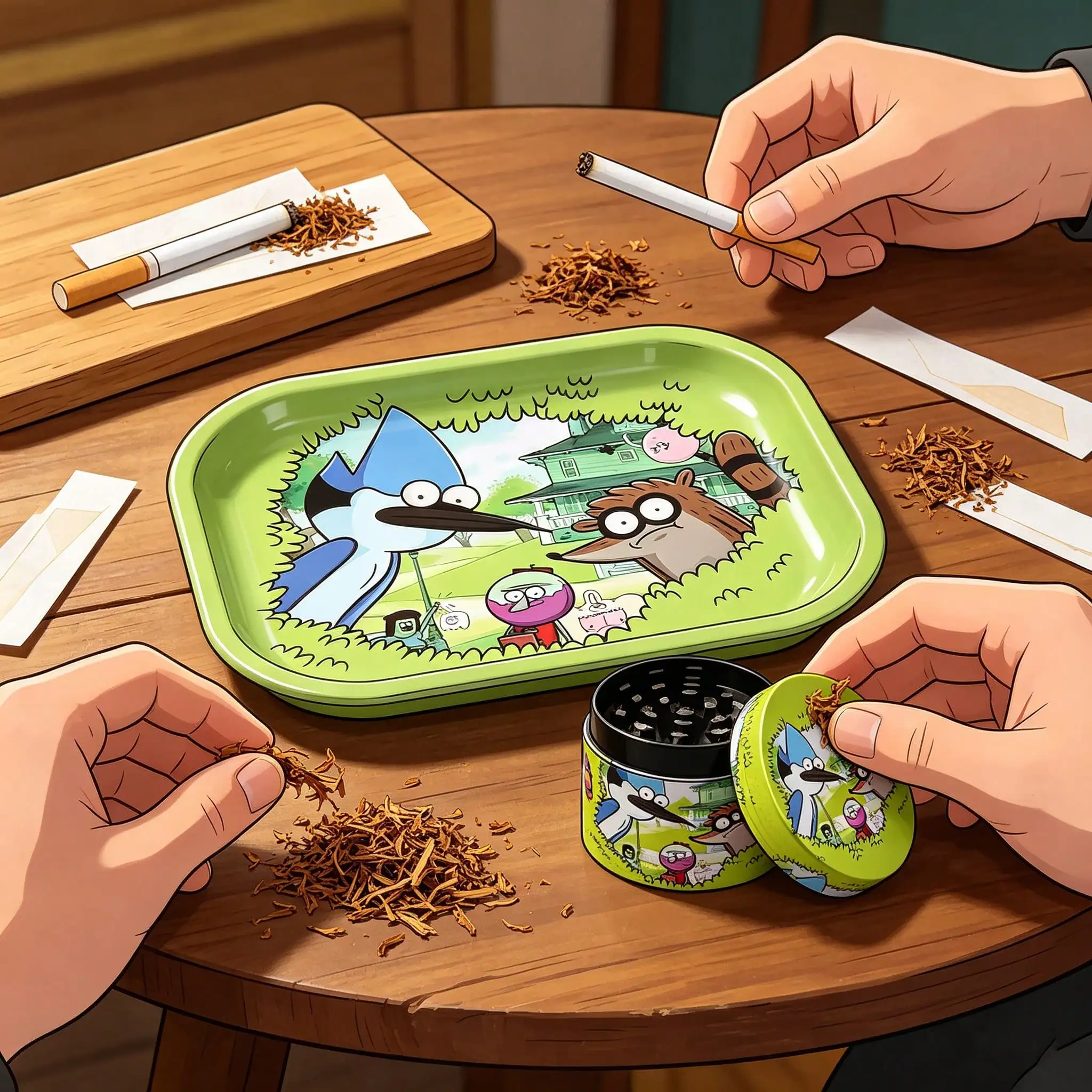 1/2 Pieces Cartoon Bird and Raccoon Metal Rolling Tray and Herb Grinder 5