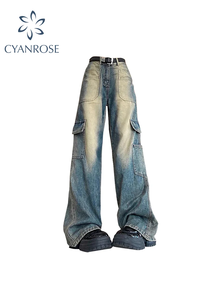 

Women 90s Vintage Cargo Jeans Y2k Fashion High Waist Wide Leg Blue Denim Trousers Harajuku Baggy Jean Pants 2000s Grunge Clothes
