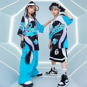 New Summer Teens Loose Blue T-Shirt Pants Black Shorts Boys Hip Hop Outfits Modern Jazz Dance Costume Girl Kpop Performance Wear