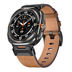 Premium Leather Watch Band - Stainless Steel Strap for 47mm Watches - Men's Elegant Bracelet (Black brown)