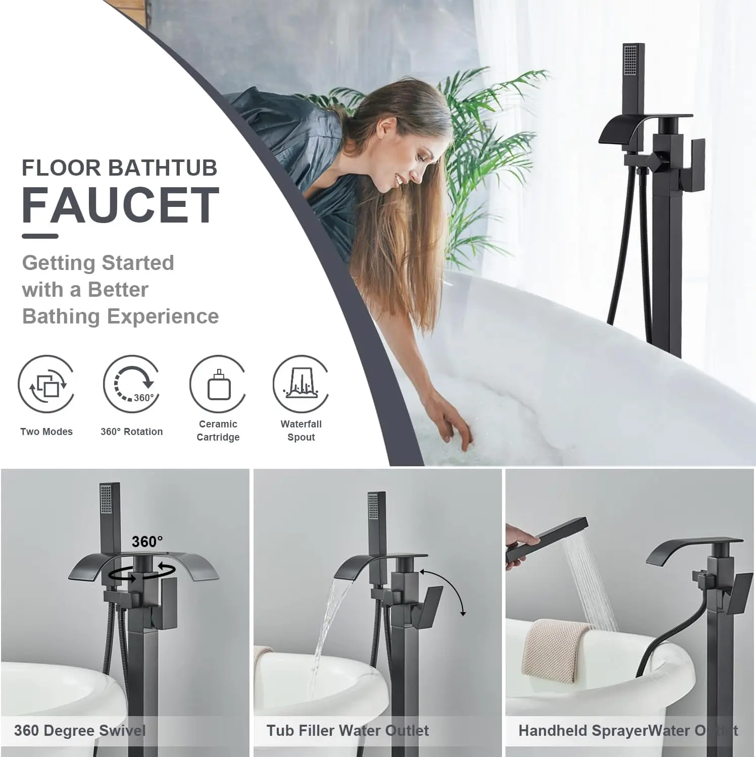 Floor Standing Faucet Bathtub Shower Floor Mounted Tub Filler Faucet Brass Bathroom Tub Faucets with Hand Shower 4