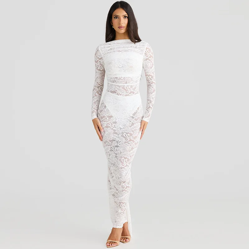 White Lace Backless Long Dress For Women See-Through High Waist Printed Slim Solid Hollow Out Dress Women's Party Dress