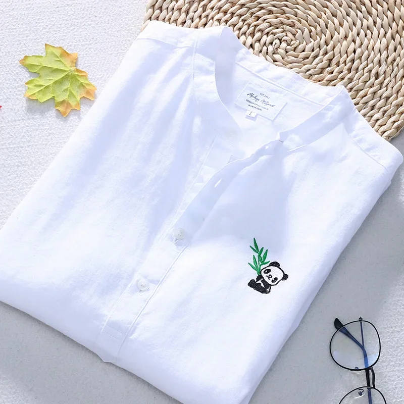 Men Casual Shirt Schinteon 100% Pure Linen Summer Stand Collar Short Sleeved Comfortable Pullover Shirt