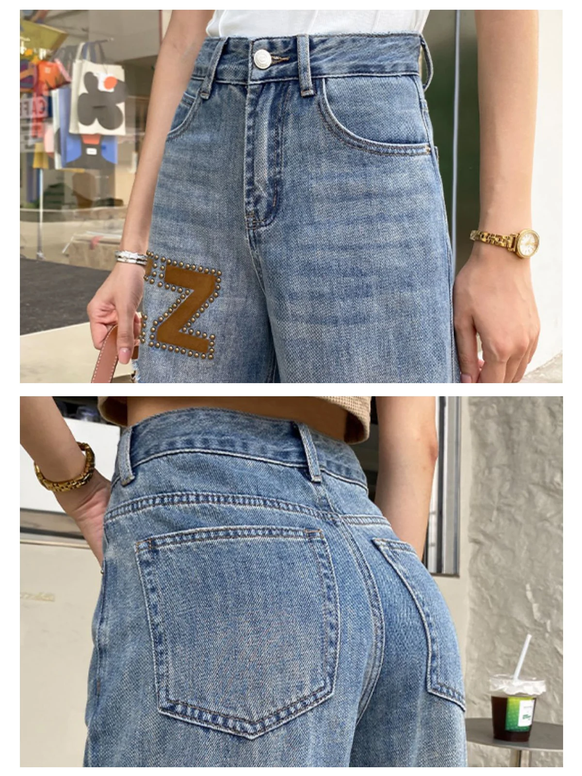2023 New Hole Fashion Wide Leg Pants Jeans CZ willow nail design drape loose straight mopping Cut Out Denim Trouser