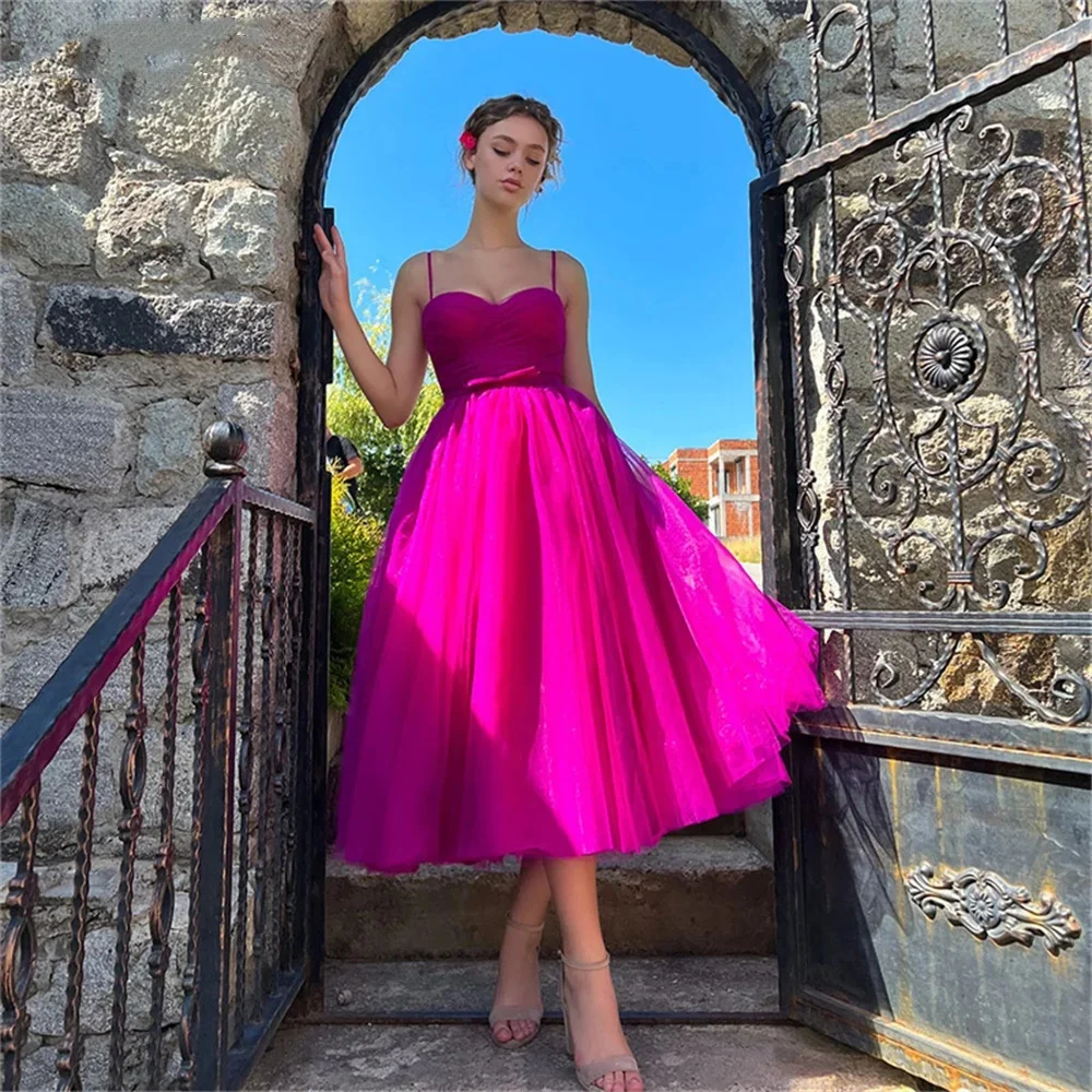

Fashionable A Line Cocktail Dress Tulle Tea Length Classic Sweetheart Spaghetti Straps Sleeveless For Formal Party Evening Gowns