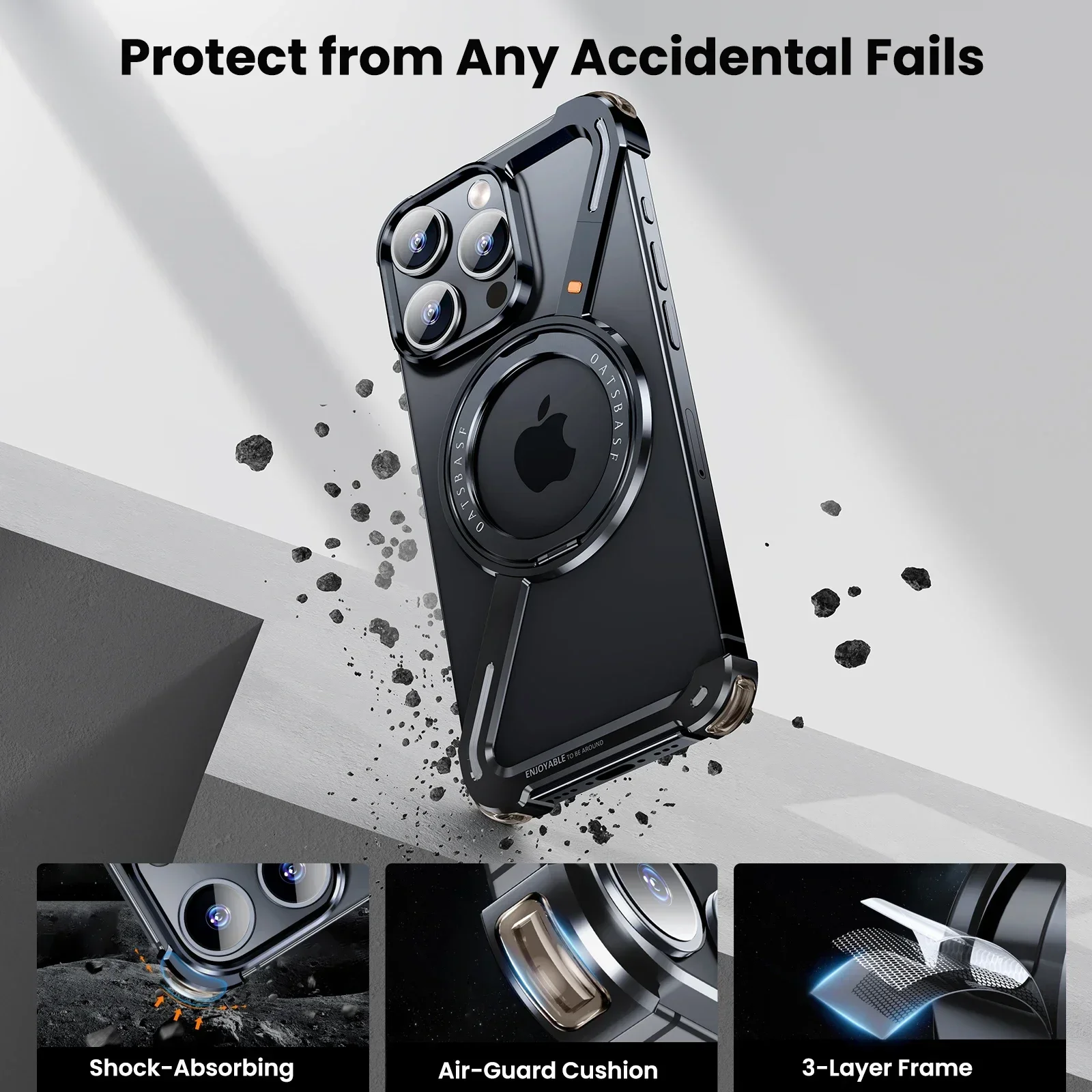 Oatsbasf Z Shape Metal Phone Case For iPhone15 /16 Pro Max Phone Protective Cover Shockproof Bumper w/360&deg; Rotation Holder