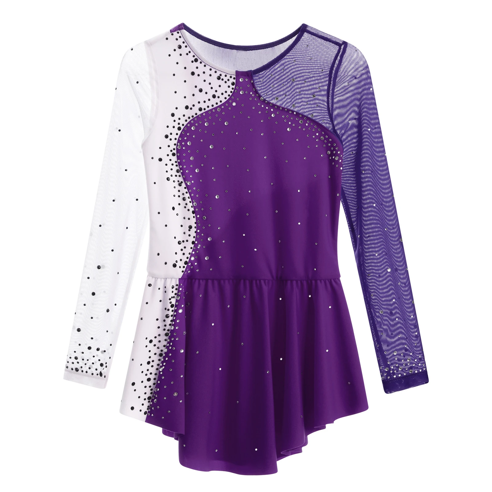 Girls Sparkling Rhinestone Figure Skating and Dance Dress with Sheer Mesh Sleeves