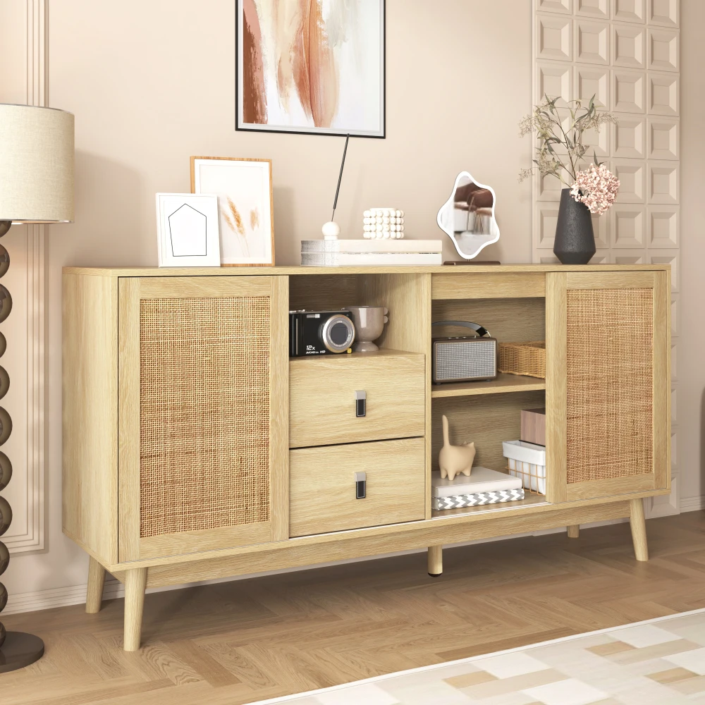Sideboard im Rattan-Stil – 3 Rattan-Schiebetüren und Schubladen, 155 x 38 x 80 cm, atmungsaktive, vielseitige Aufbewahrung für Wohnzimmer/Esszimmer – Detail 13