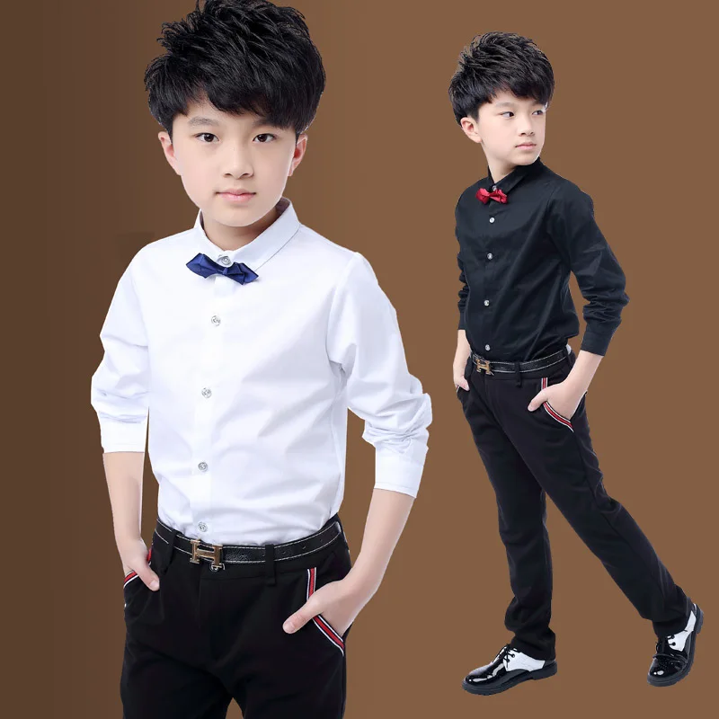 New Children Boys Shirts Cotton Solid Black&White Shirt With Tie Boys For 3-15 Years Teenage School Performing Costumes Blouse