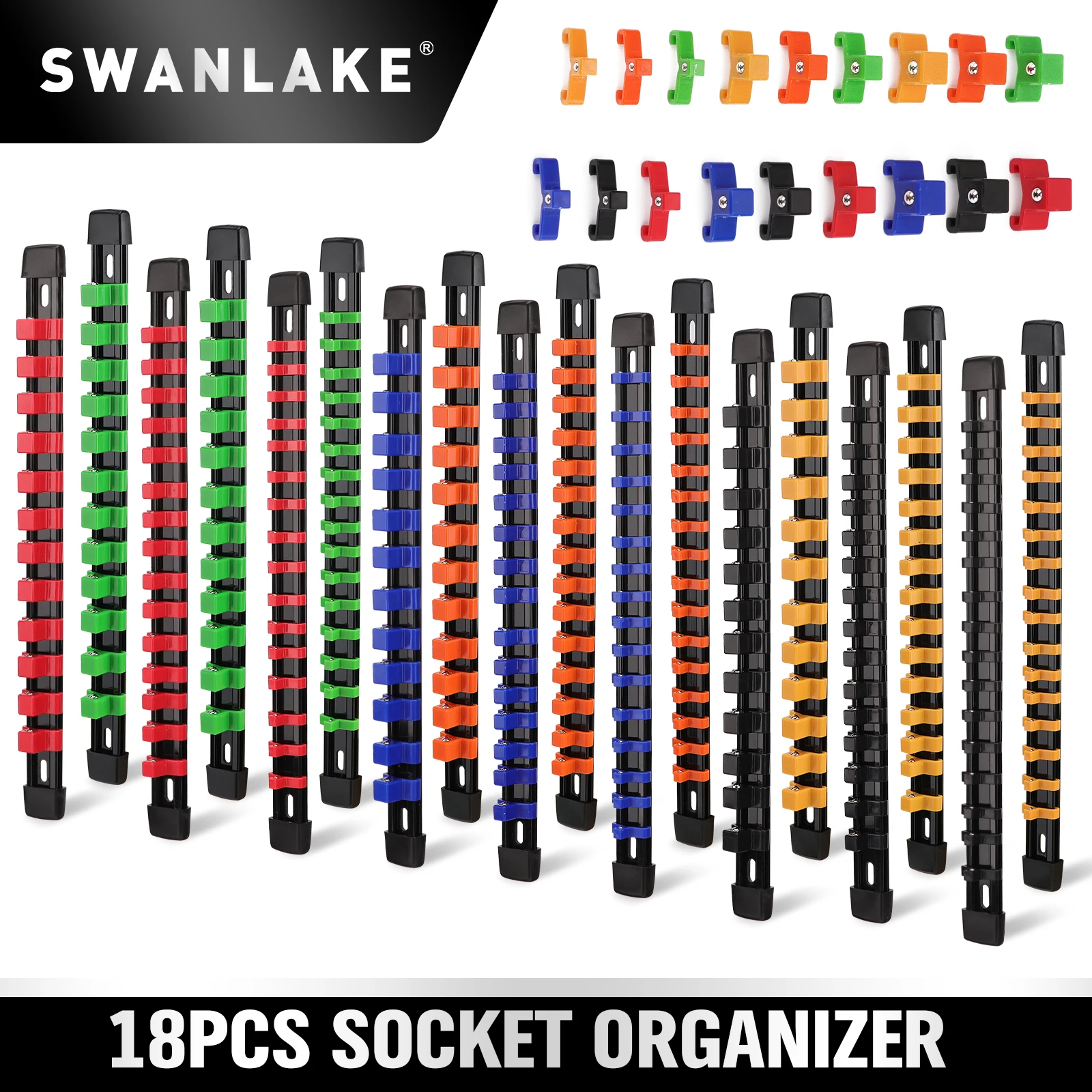 Set Organizzatore per Bussole da 18 Pezzi, Organizzatore per Cassetto Portautensili, Vassoi Portabusecole, Clip di Fissaggio per Binario