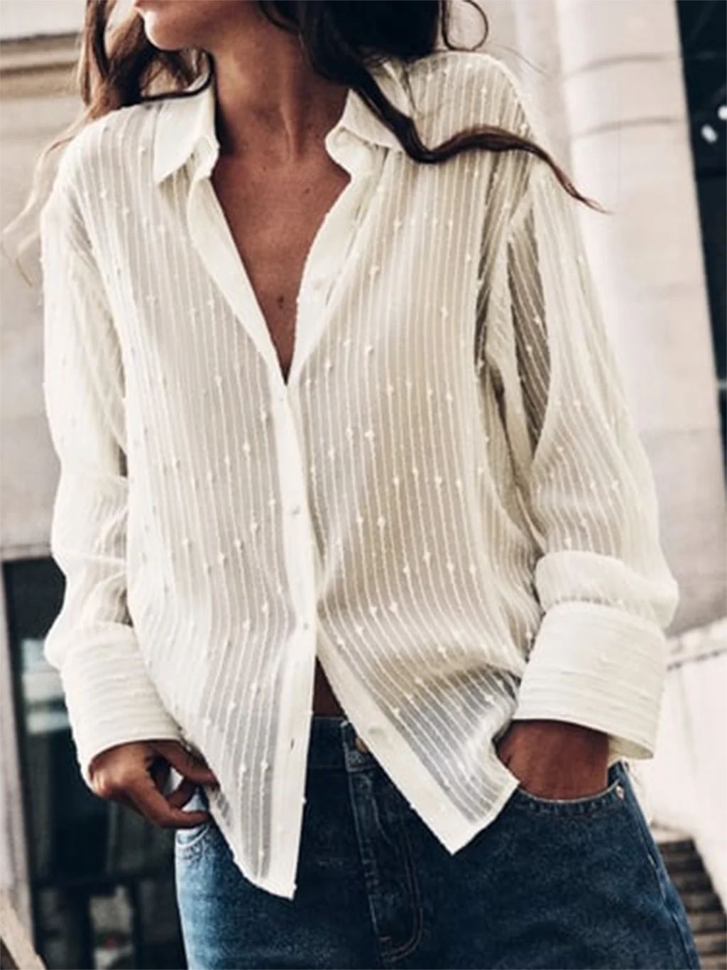 

jacquard Solid Thin Blouse Woman Autumner Turn Down Collar Single Breasted Long Sleeve Shirt Top Clothes Vinatge Casual Blouse