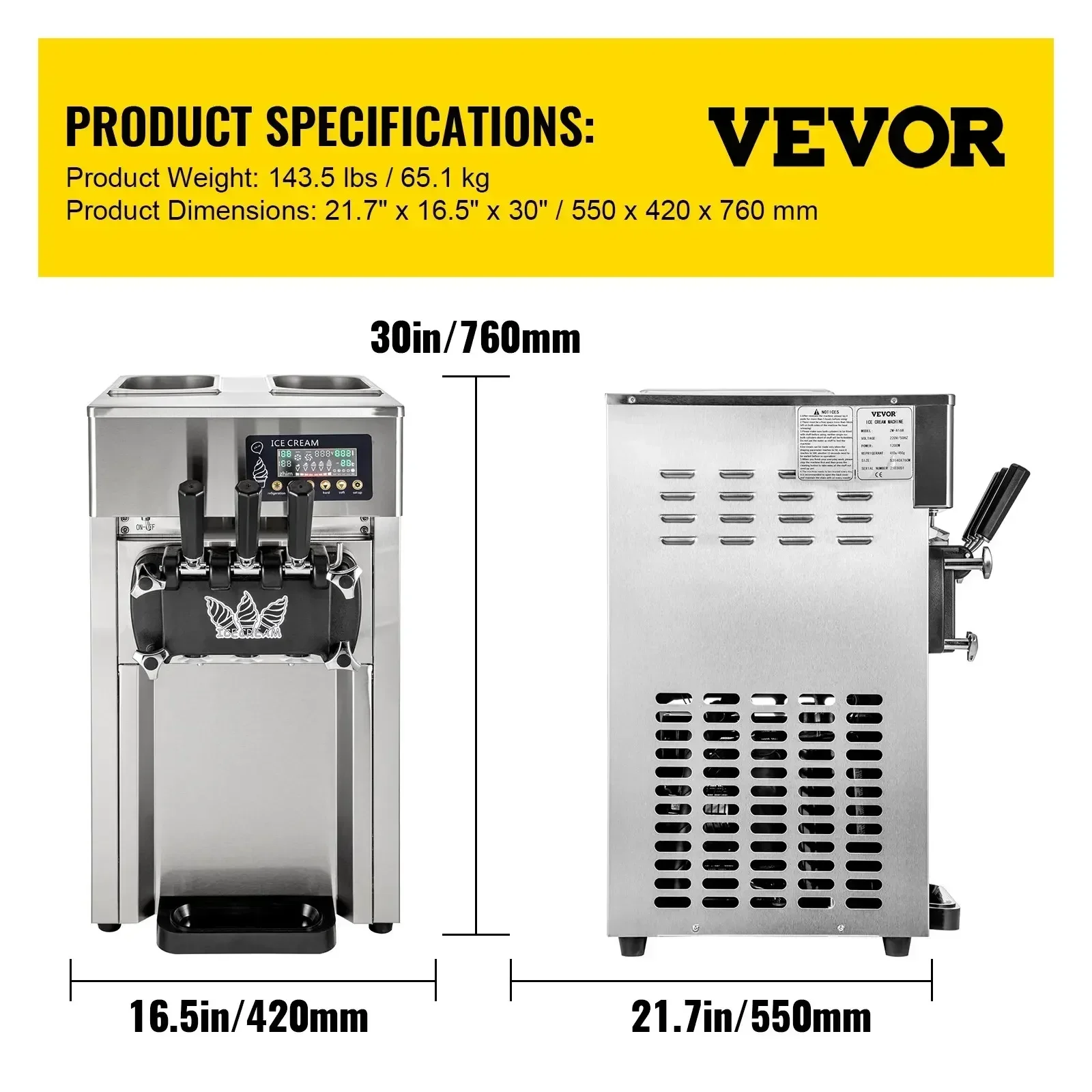 VEVOR Commercial Professional Soft Ice Cream Machine 3 Flavors 18L/H Ice Cream Commercial Soft Serve Maker