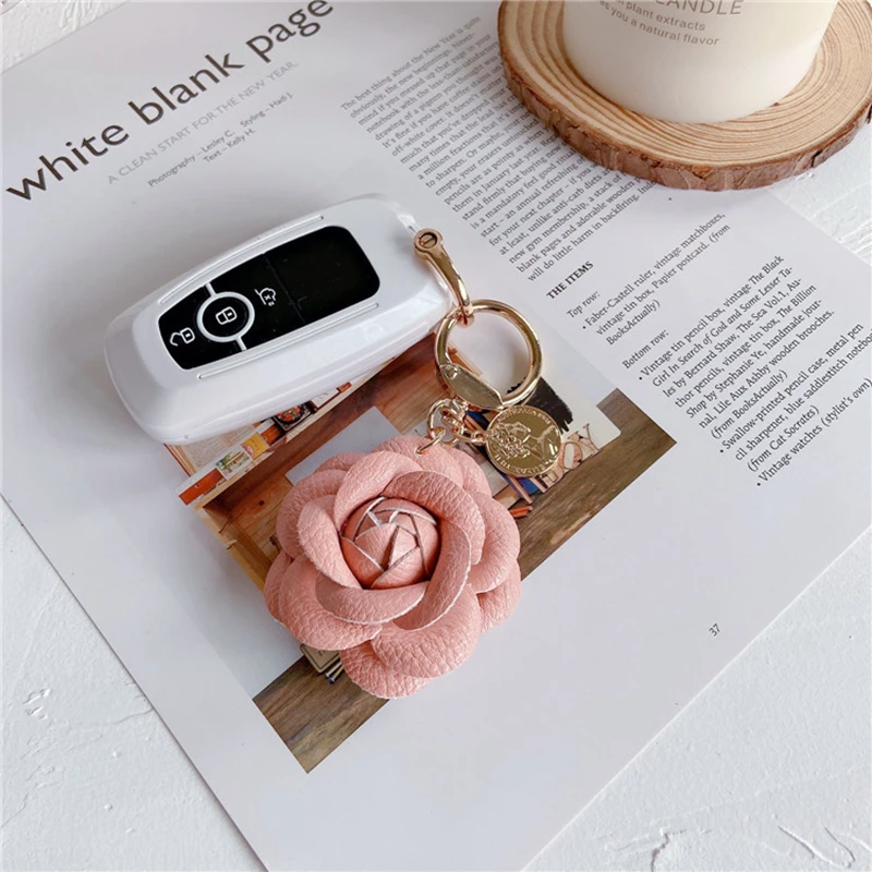 Leather Camellia Car Key Chain Fashion Lovely Flowers Backpack