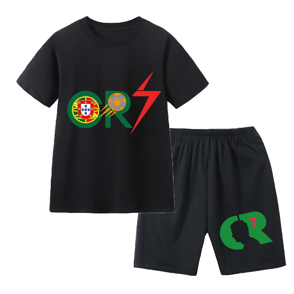 Summer Girl Baby Boys Set Di Vestiti Cristiano Ronaldo Cr7 Stampa Magliette Pullover Manica Corta + Pantaloncini 2 Pezzi Abbigliamento 2-14Y