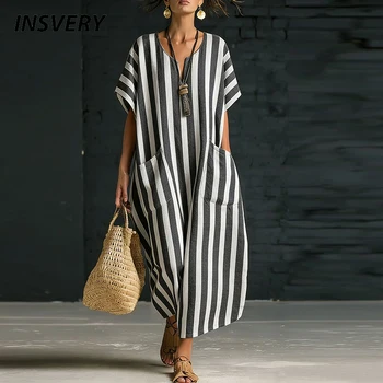 Summer Beach Holiday Long Dress Women Casual V Neck Striped Printed Loose Maxi Dresses For Women Casual Pocket Party Dress Boho