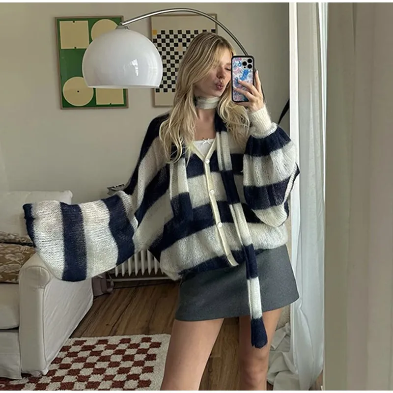 Loose Mohair Striped V-neck Cardigan Women With Scarf Fashion Lantern Sleeve Single Breasted Knitwear Casual Lady New Streetwear