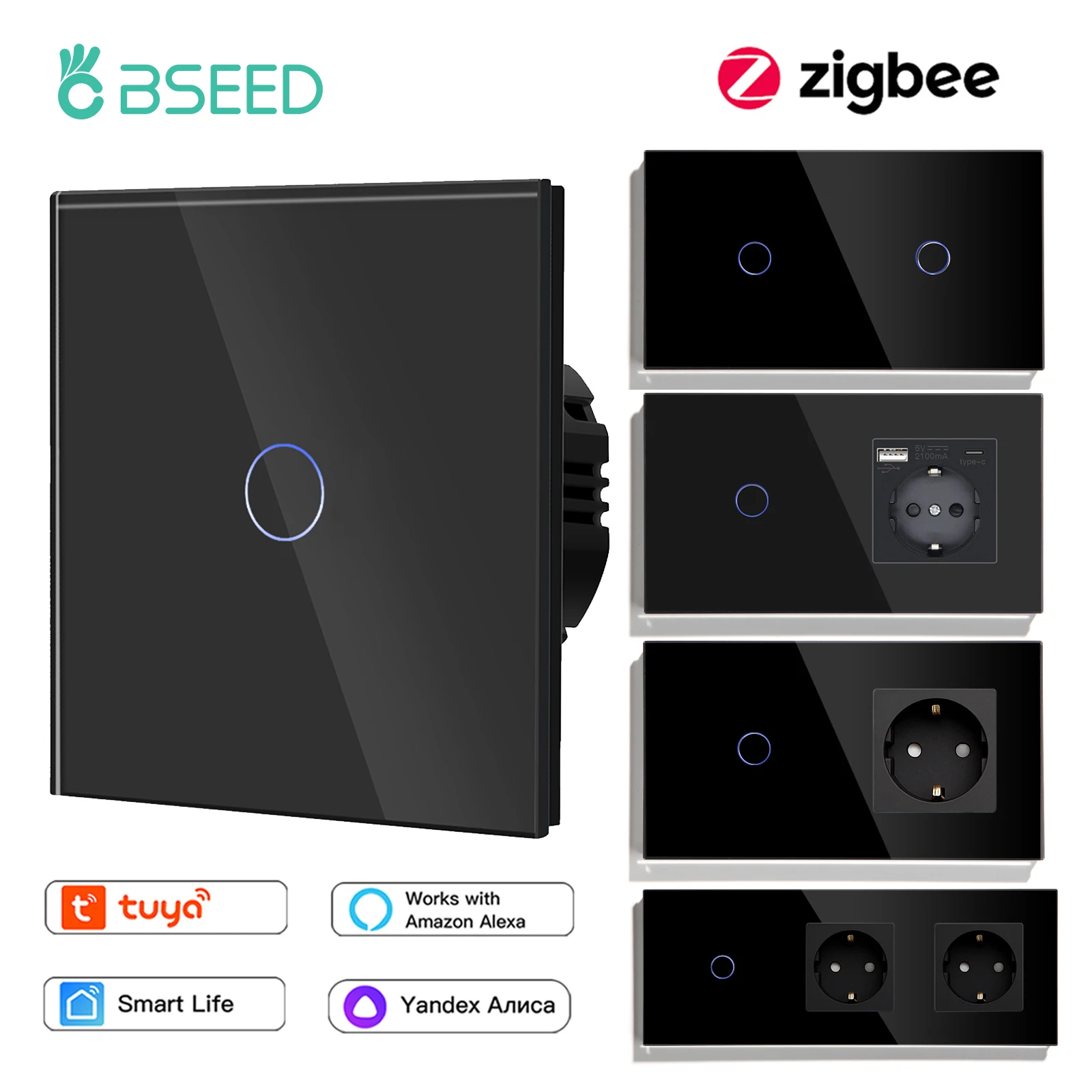 Bseed ZigBee สวิตช์แบบสัมผัสติดผนัง1/2/3ช่องช่องเสียบ EU แบบ USB Type-C พอร์ต Tuya Smart Life APP ccontrol หน้าจอโทรศัพท์ 1