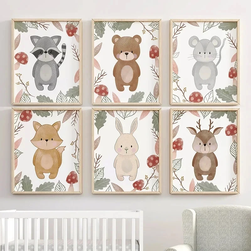 

Милый медведь, енот, лиса, кролик, олень, мышь, Детская Настенная картина на холсте, картины, картины, декор для детской комнаты