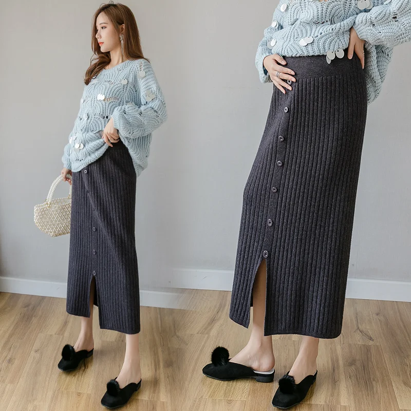 Autumn Maternity Clothes Slim Hip Pregnant Women Long Knit Skirts Adjustable Waist Pencil Skirt Button Fly Split Pregnancy Skirt