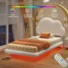 Twin Bed Frames with Cloud Headboard, Upholstered Boucle Floating Platform Bed with LED Lights, Solid Wooden Slats Support 4