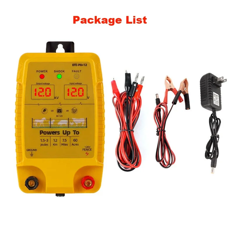 12KM Electric Fence Dual Display 1.5-3 Joules Sheep Cattle Horse Poultry Dog 12V Energy Controller Tool For Animal Captivity