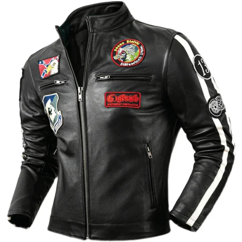 

Motorcycle Rider Patterns Real Cowhide Genuine Jacket Men Cow Leather Coat Slim Motor Biker Clothing Autumn