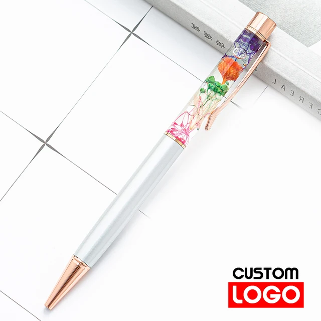 New Eternal Life Flower Oil Pen Metal Ballpoint Pen Lettering Engraved Name Advertising Pen Custom Logo Stationery Wholesale silver