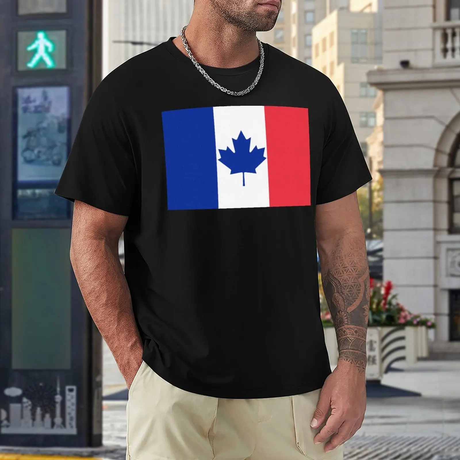 

Canada France Flag Mashup Round Neck T-shirt Motion Tshirt Premium Humor Graphic Aactivity Competition USA Size