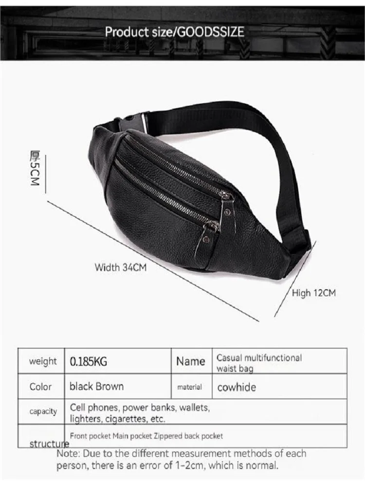 Men's Genuine Leather Fanny Waist Pack Large Capacity Man Cowhide Vintage Crossbody Chest Bag Sports Mobile Phone Waist Bag Male