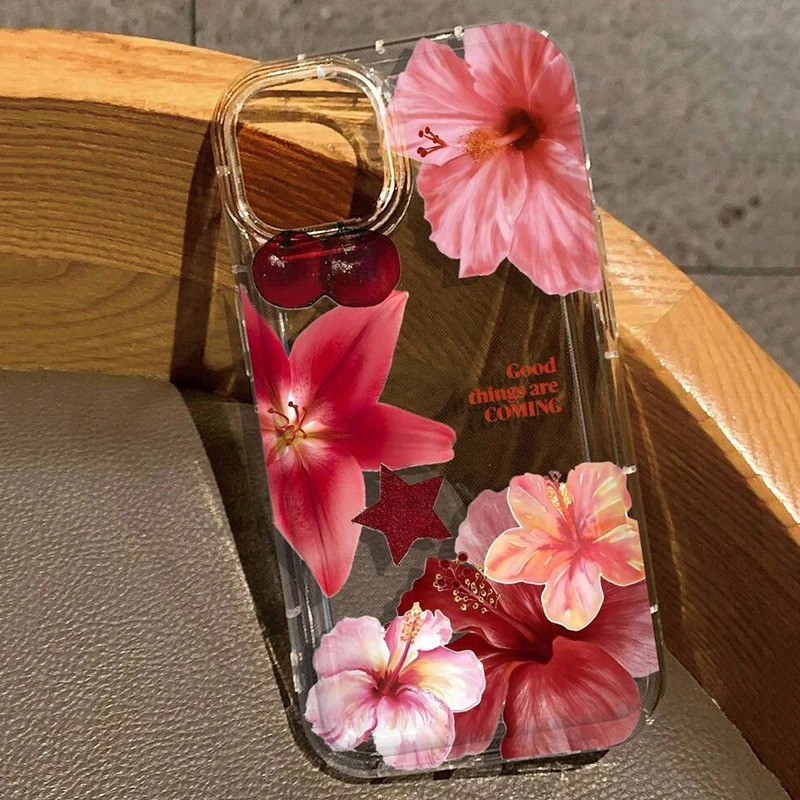 Cherry Flower Print Clear Case For iPhone 16 15 14 13 Pro Max 11 12 Mini X XR XS Max 7 8 Plus SE2 Stylish Shockproof Soft Cover 1