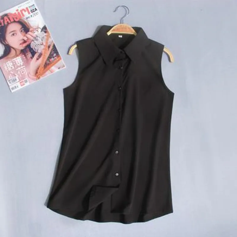  2503 여성상의와 블라우스 민소매 셔츠 여성 여름 얇은 조끼 풀오버 버튼 기본 탑 시폰 레드 화이트 블랙 폴로 넥