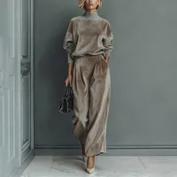 2026 Autumn Winter New Style Women Fashion Casual Warm Sportswear Set Velvet Long-sleeved Solid Color High-neck Wide-leg Pants