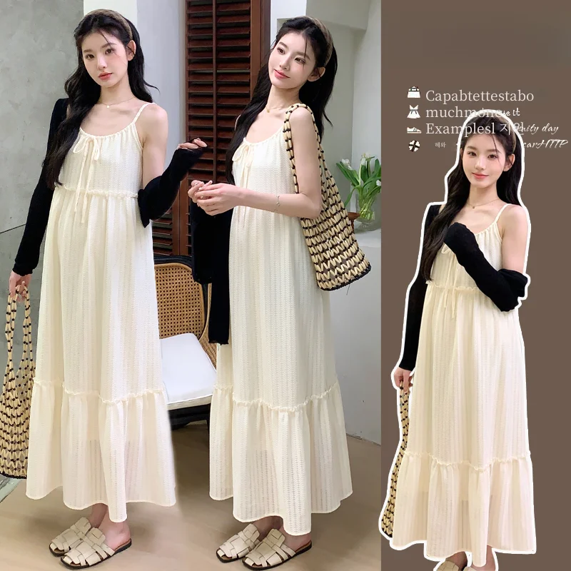 임산부 여름 드레스 2 피스 세트 한국 스타일 스위트 탱크 탑 카디건 세련된 태..