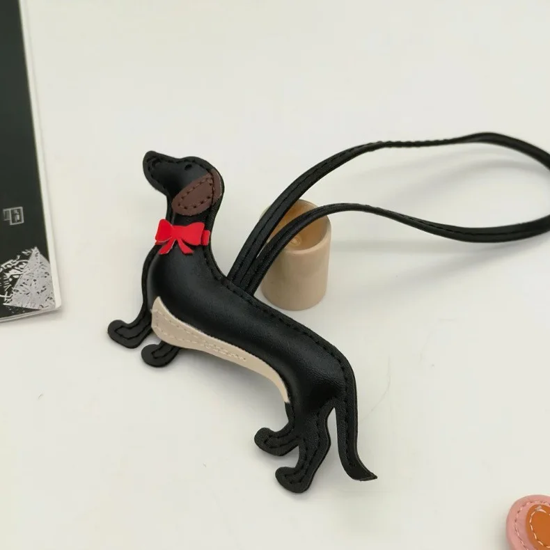 Elegant Dachshund Leather Bag Charm with Red Bow Tie-Cute Long Body-Pet Lover Gift-Long-Body Design 6 Colors-PU Leather