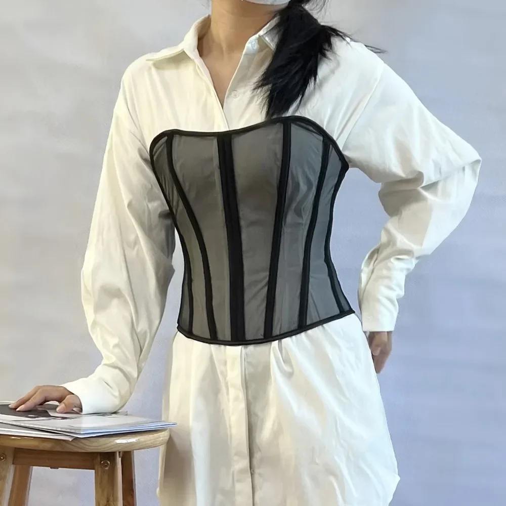 Women Sheer Mesh Patchwork Bustier Corset Sexy Vintage Strapless Lace-Up Back Overbust Waist Cincher Body Shaper Top body shaper waist trainer corset bustier top waist corset lace lingerie lace corset