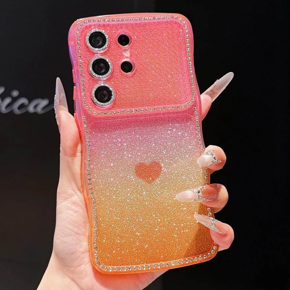 Super Glitter Diamonds Love Heart Phone Case with Wave Gradient and Camera Protection