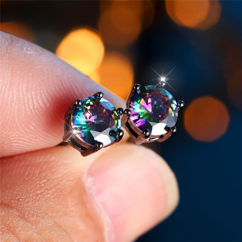 Cute Female Crystal Rainbow Zircon Stone Round Stud Earrings Black Gold Color Wedding Jewelry For Women