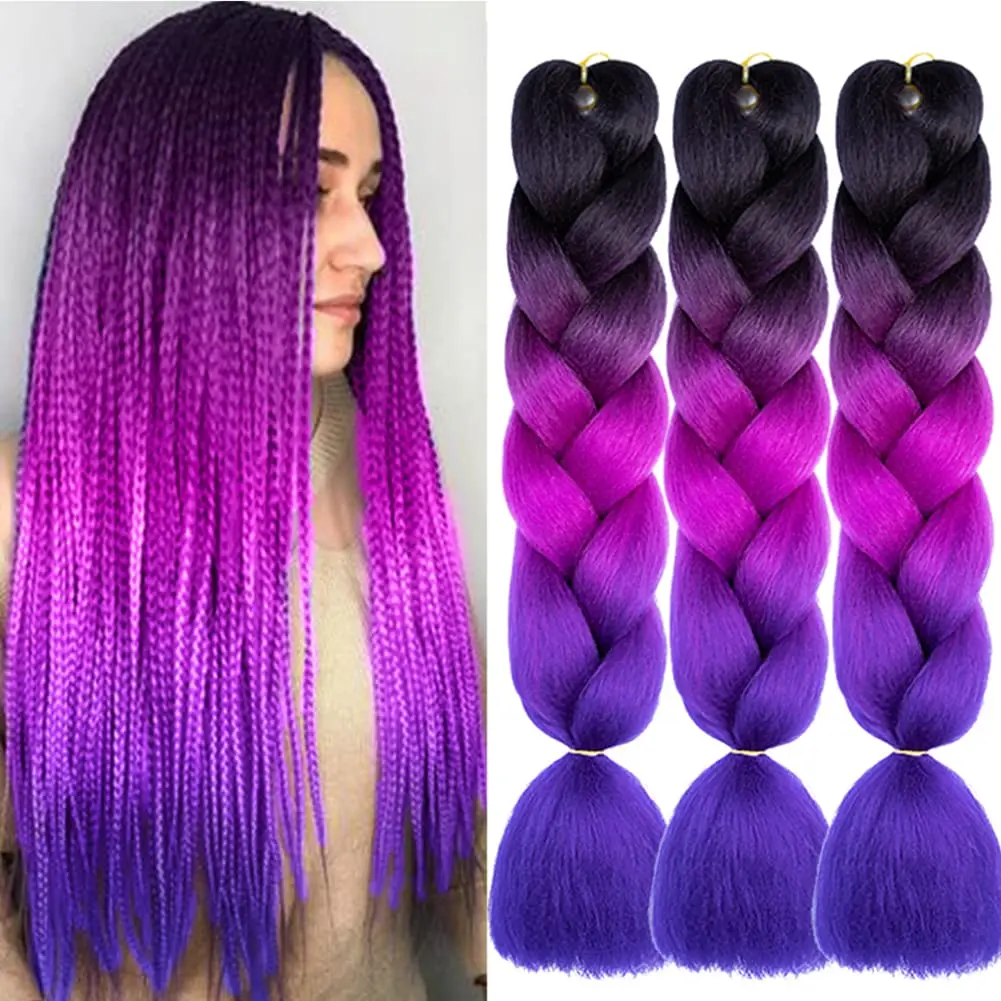 24 Inch Synthetic Ombre Jumbo Braiding Hair 3 Packs Rainbow Colorful Hair Extensions Silky Twists Crochet Braids for Women