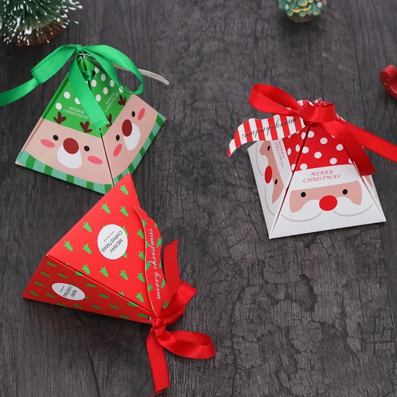 10Pcs Christmas Candy Packaging Box Santa Claus Reindeer Triangle Gift Box Merry Christmas Labeled Kraft Paper Box Party Supplie