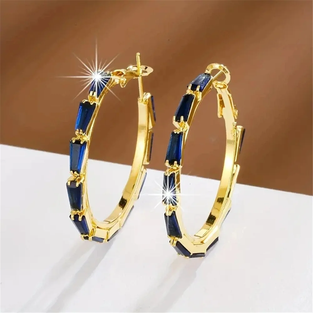 Trendy Crystal Blue Zircon Stone Hoop Earrings For Women Vintage Gold Color Wedding Jewelry