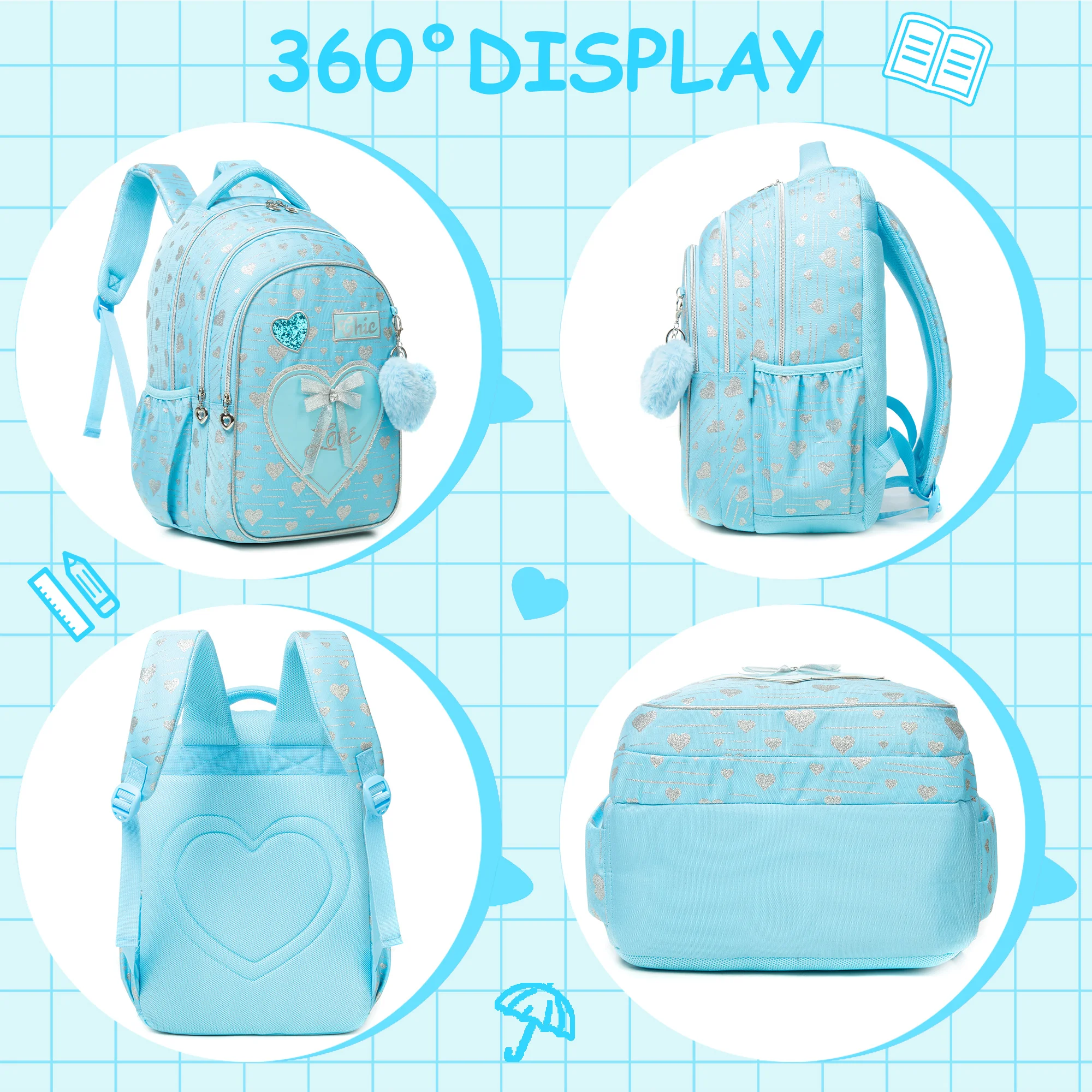 New Bowknot Ribbon Backpack Girls Backpack with Lunch Bag and Pen Bag for Elementary School for Picnic Travel Best Gift 3