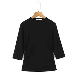 Plus Size Women's Premium Modal Half Sleeve Mock Neck Slim T - Shirt - Minimalist Autumn Knitted Top - 4XL (Black)