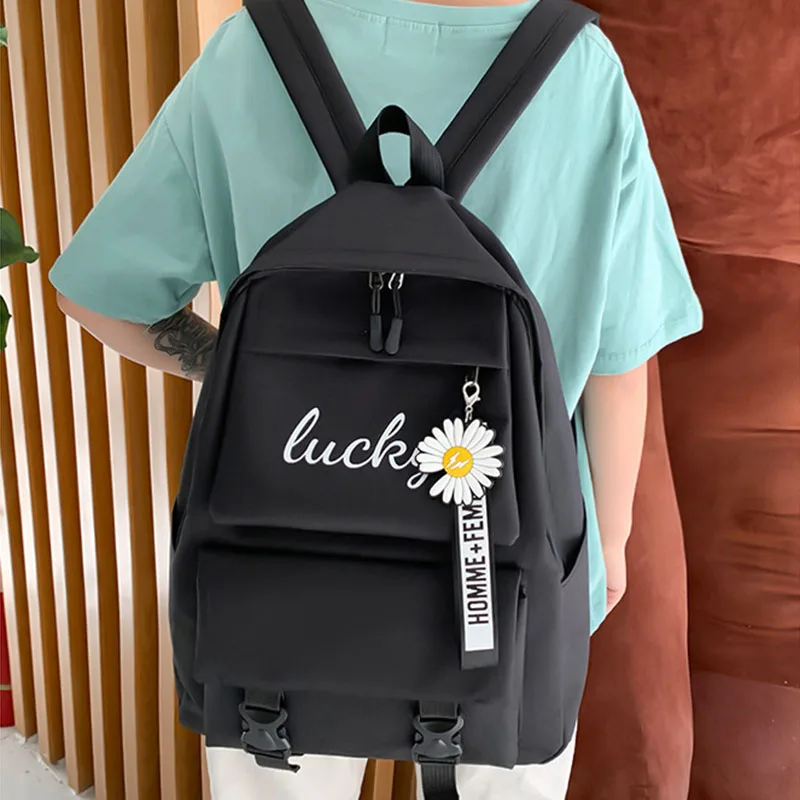 4 PCS New Student Backpack Small Fresh Letters Contrast Color Junior High School Backpack Casual Travel Backpacks