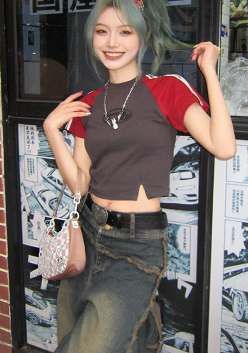 

American Y2K Short Sleeve Crop Top Women Summer Vintage Streetwear Contrast Color Patchwork Slim Graphic Print Slim T Shirt